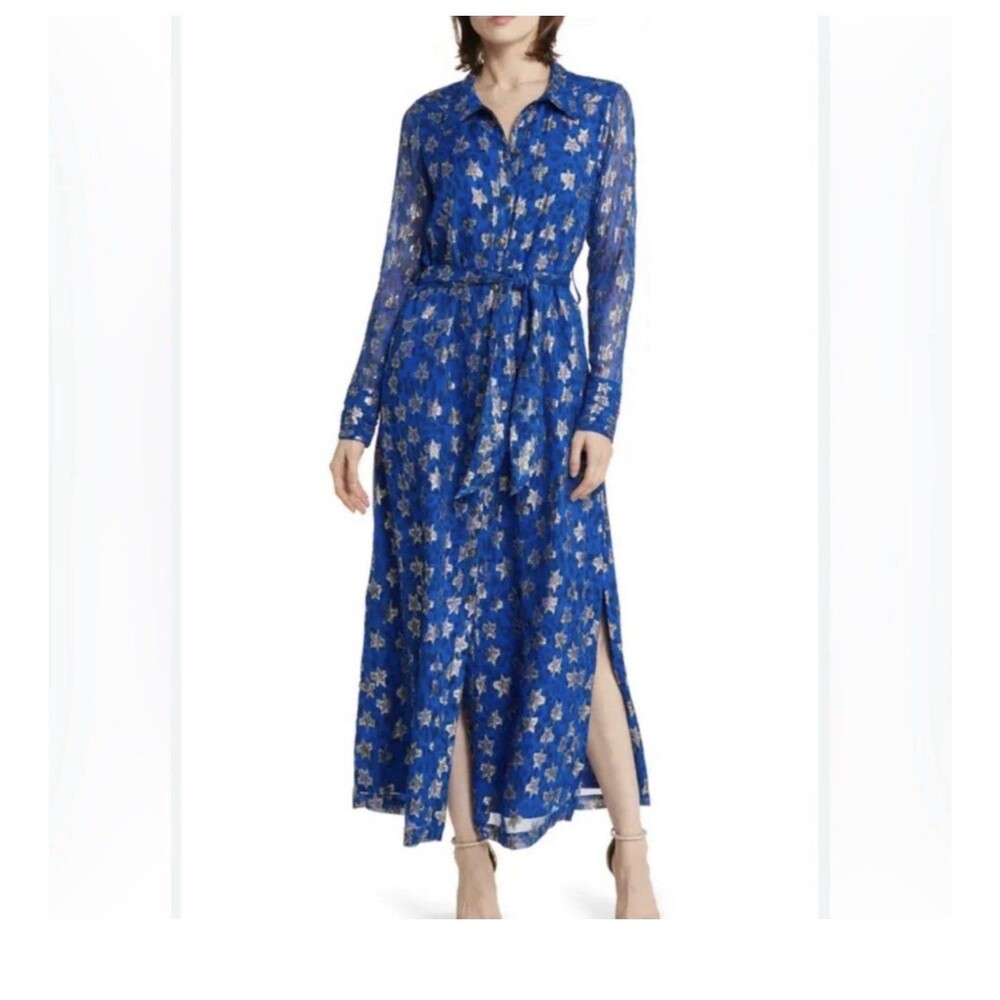 NEW Ciebon Jynai Metallic Star Chiffon Sleeve Maxi Shirtdress Blue XL No Belt